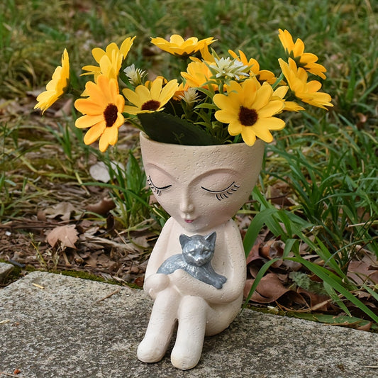 Flicka med Katt Blomkruka - 12cm - CC Krukan